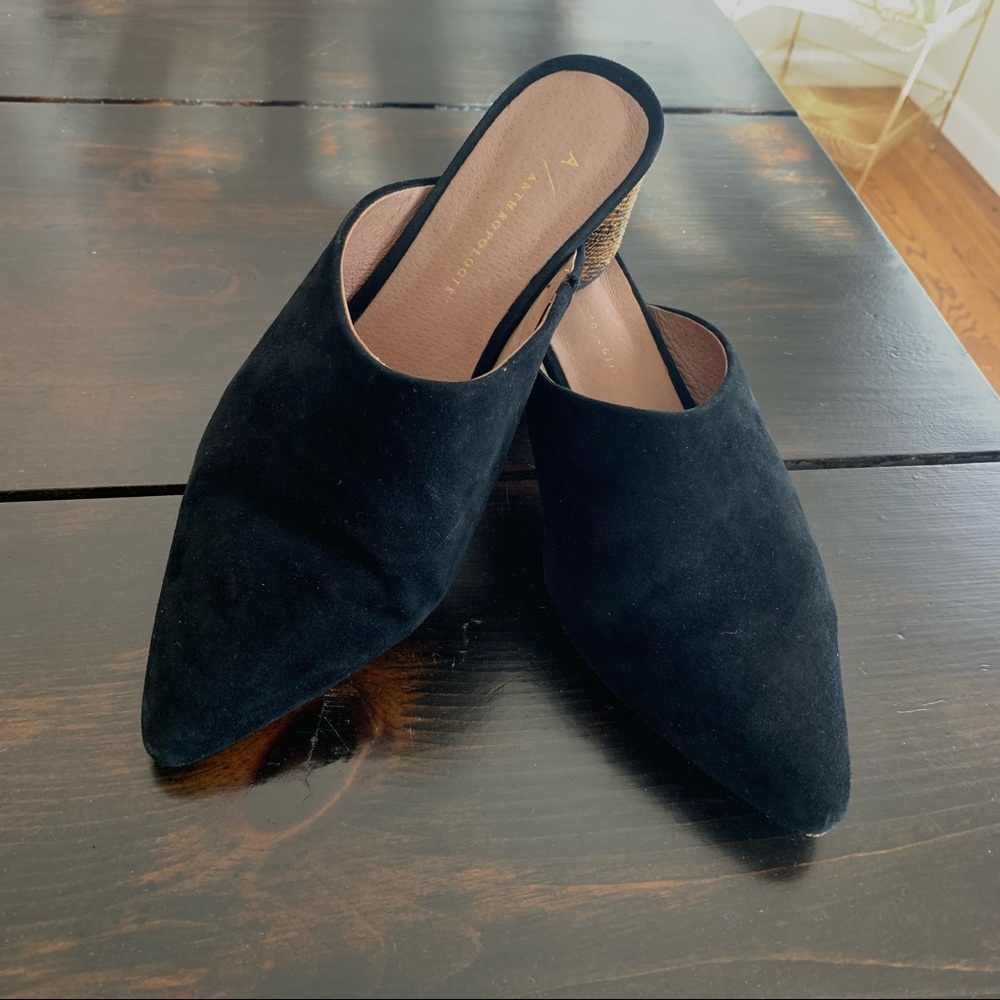 Anthropologie black suede mules snake print heel 7.5 excellent used condition - Picture 3 of 6